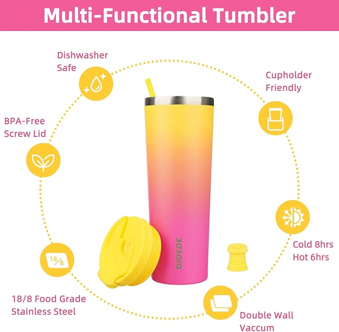 BJPKPK 30oz Stainless Steel Insulated Tumbler With lid And Straw Travel Coffee Thermal Tumblers Cup For Women And Men,Pink Yellow Rose - Image 3