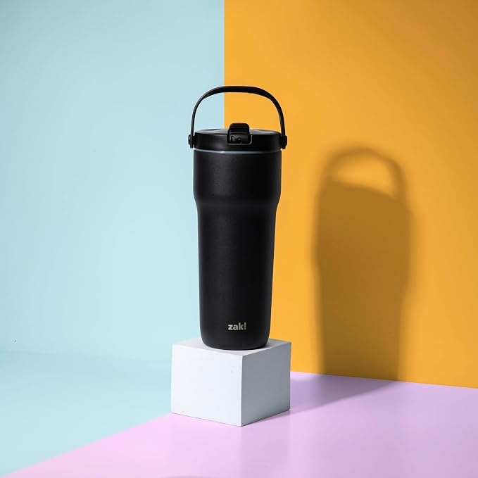 Zak Designs Sutton Travel Tumbler for On the Go, 30oz Stainless Steel with Vacuum Insulation, Straw Spout, Carry Handle for Cold Drinks (Ebony Black) - Image 7