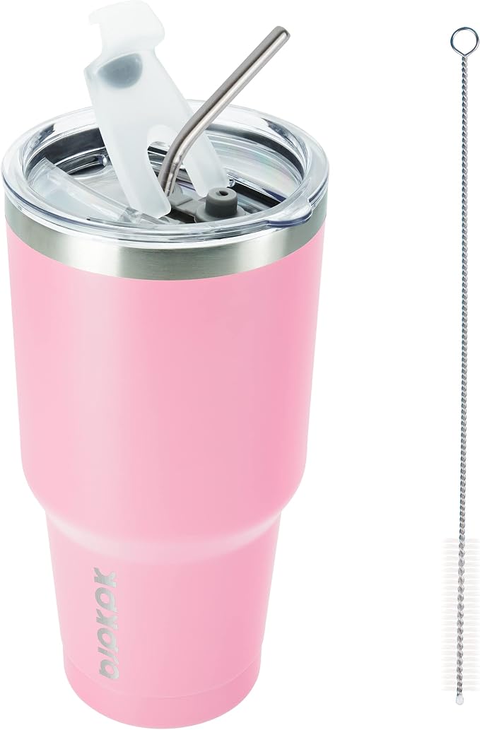BJPKPK 30oz Insulated Tumbler with Lids and Straw, Stainless Steel Travel Coffee Tumbler,Powder Coated Travel Mug,Light Pink by BJPKPK