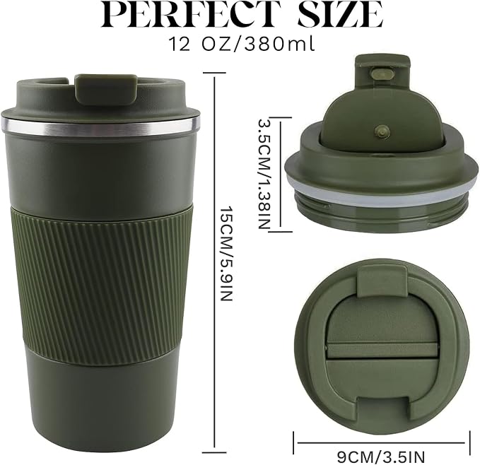 YINBAOGE Insulated Travel Coffee Mug, Spill & Leak Proof, Portable To Go Camping Stainless Steel Coffee Tumbler, Reusable Thermal Coffee Cup with Lid for Hot & Cold Drinks (Green, 12 OZ) - Image 3