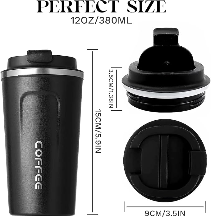 YINBAOGE Insulated Travel Coffee Mug, Spill & Leak Proof, Portable To Go Camping Stainless Steel Coffee Tumbler, Reusable Thermal Coffee Cup with Lid for Hot & Cold Drinks (2nd-Black, 12 OZ) - Image 4