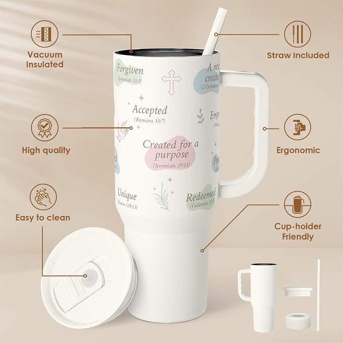 SANDJEST Christian Gift for Women – Inspiration Insulated Stainless Steel Tumbler with Handle and Straw - Religious Gifts for Birthday Christmas, 40oz - Image 2