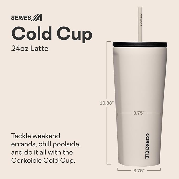Corkcicle Cold Cup Insulated Tumbler with Straw - Keeps Drinks Cold for 12 Hours - Triple-Insulated Stainless Steel - Leak-Resistant Lid - Summer Drinkware Gift - 24 oz - Latte - Image 2
