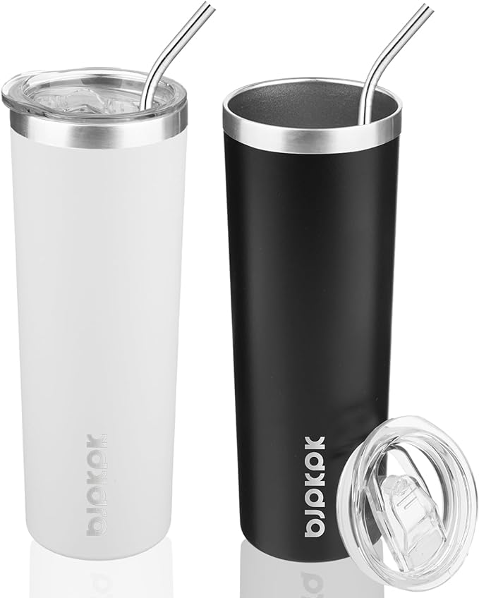 BJPKPK 20 oz Skinny Tumbler with Lid 2 Pack Slim Insulated Travel Coffee Cup Stainless Steel Thermal Mug,Black,White by BJPKPK