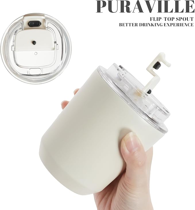 Puraville Insulated Tumblers with Lid, 10 oz Travel Coffee Mug Stainless Steel Vacuum Cup, Leak Proof Reusable Double Walled Coffee Tumbler for Iced and Hot Drinks, Cream - Image 5