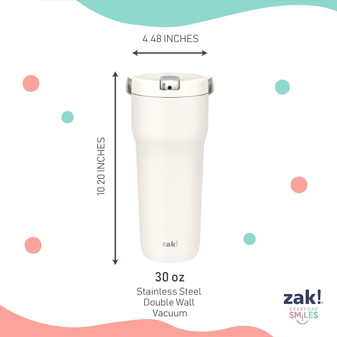 Zak Designs Sutton Travel Tumbler for On the Go, 30oz Stainless Steel with Vacuum Insulation, Straw Spout, Carry Handle for Cold Drinks (Cream White) - Image 6