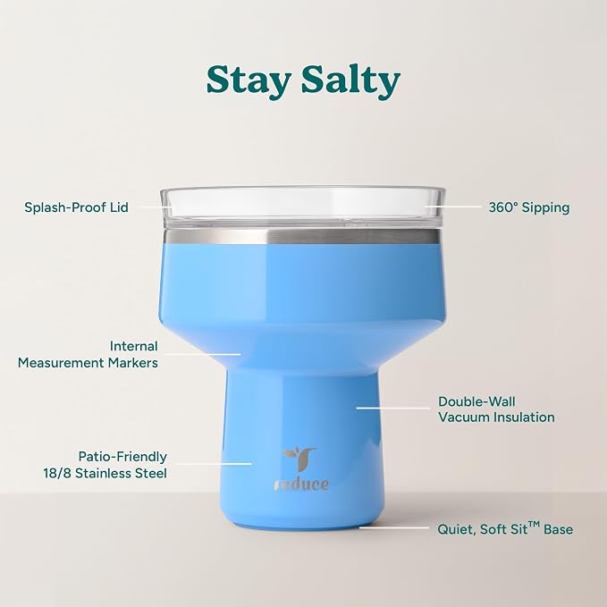 REDUCE Saltini 16 oz Cocktail Tumbler - Insulated Margarita Tumbler with Lid - Keeps Drinks Cold for 10 Hours - 360 Sippable Martini Glass Alternative - Shatterproof, Perfect for Parties - Oahu Blue - Image 3