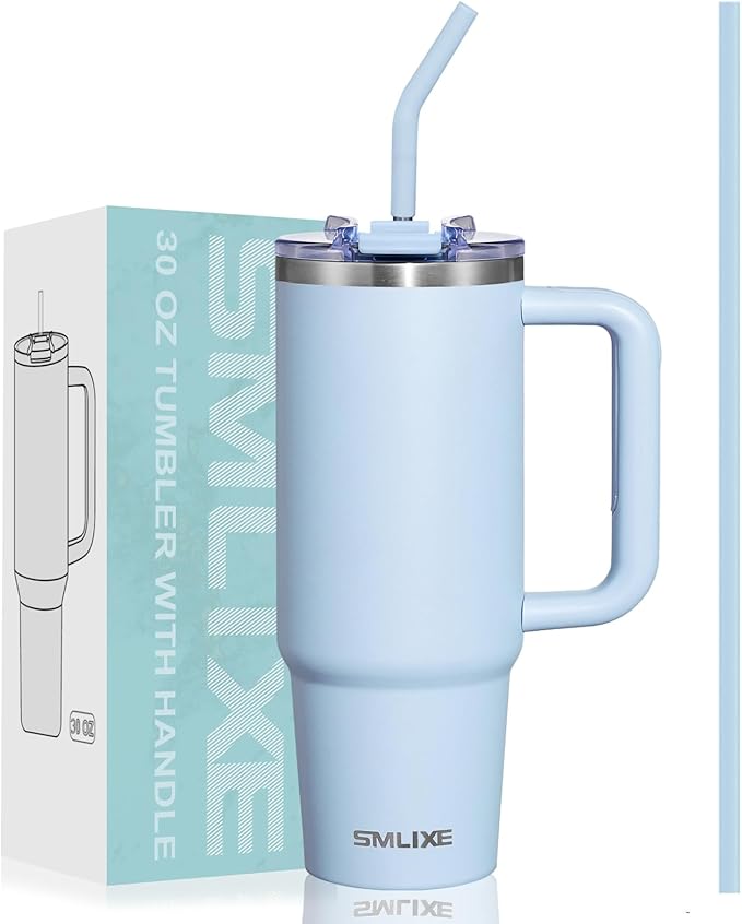 30 oz Tumbler with Handle, Tumbler with Lid and Straw, Double Wall Vacuum Insulated Travel Mug Stainless Steel Tumbler for Hot and Cold, Cupholder Friendly (Blue) by smlixe