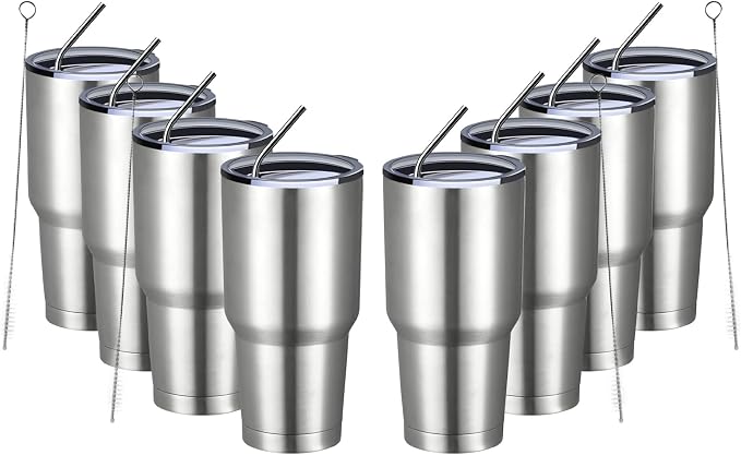 MEWAY 30oz Insulated Tumbler With Lids and Straws,Stainless Steel Double Vacuum Coffee Tumbler Cup, Brush, Durable Powder Coated Coffee Cup for Cold & Hot Drinks, Office, Travel(Silver,8 PACK) by MEWAY