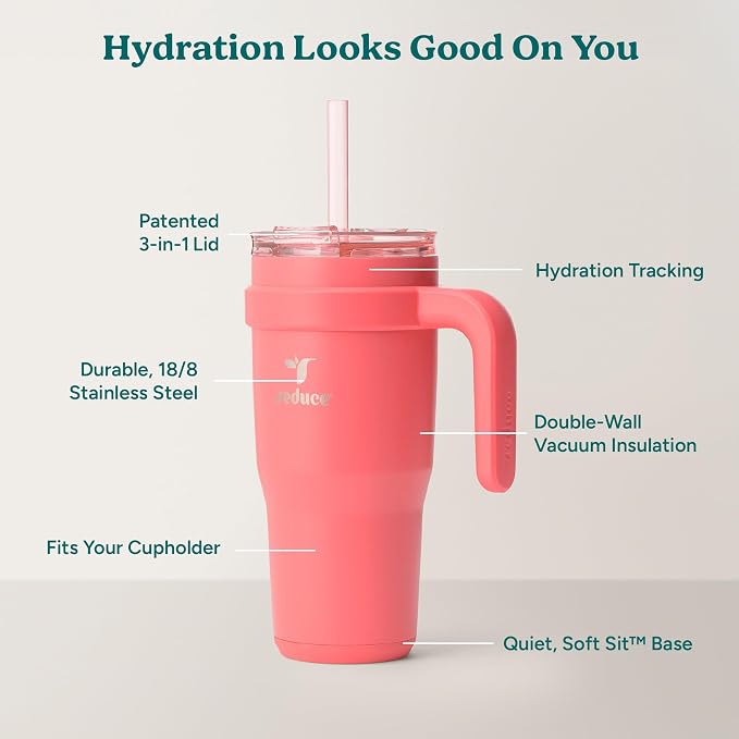REDUCE 24 oz Stainless Steel Tumbler with Handle - Dual-Wall Vacuum Insulated Travel Mug, Sweat-Proof Lid & Reusable Straw - Keeps Drinks Cold for 24 Hrs, Fits Cupholders, Dishwasher Safe - Daiquiri - Image 4