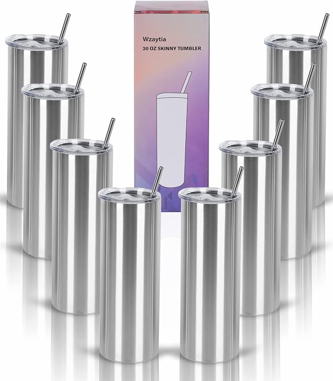 8 Pack 20 Oz Straight Skinny Tumblers, Individually Gift Boxed Stainless Steel Slim Skinny Tumbler Set Bulk, 20 Oz Insulated Slim Thin Travel Tumbler Cup for Diy, Silver by Wzaytia