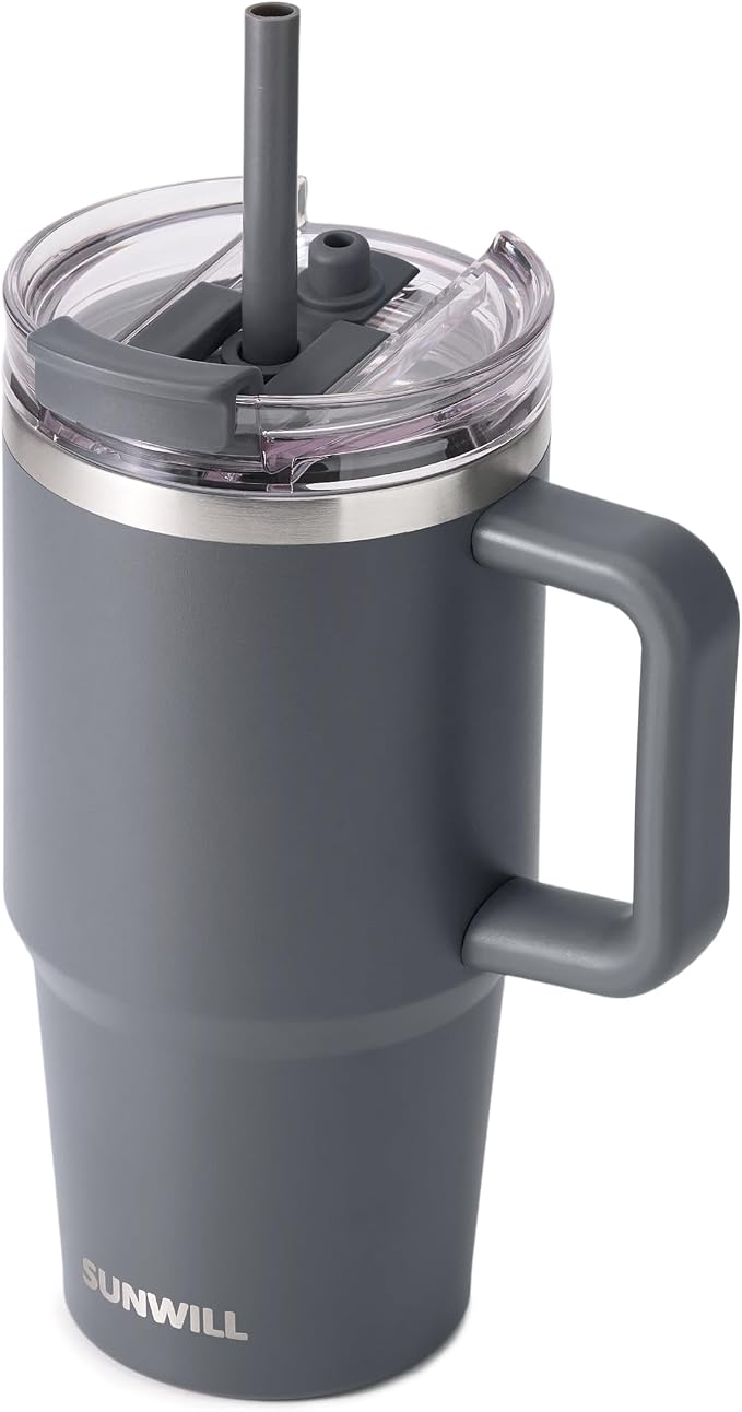 SUNWILL Coffee Tumbler with Handle, 20 oz Travel Mug with Lid and Straw Insulated, Stainless Steel Cup Leak Proof for Travel & Outdoor, Cupholder Friendly, Powder Coated Charcoal by SUNWILL