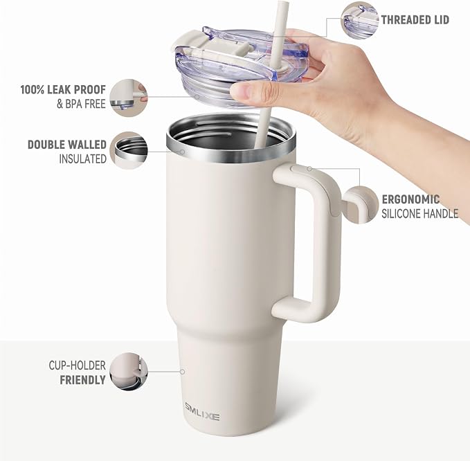 40 oz Tumbler with Handle and Straw Lid,Insulated Reusable Stainless Steel Water Bottle Travel Mug，Cupholder Friendly Double Wall Vacuum Sealed Cup (Almond Birch) - Image 2
