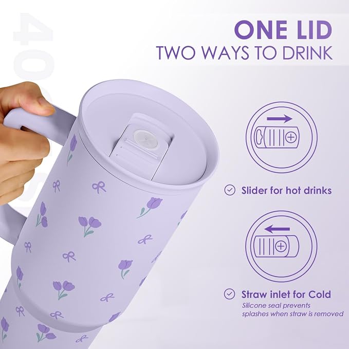 Floral 40oz Tumbler with Handle and Straw – Tulip Insulated Stainless Steel Travel Coffee Mug for Women Girls, Floral Gift Idea for Birthday Christmas Mothers Day - Image 5