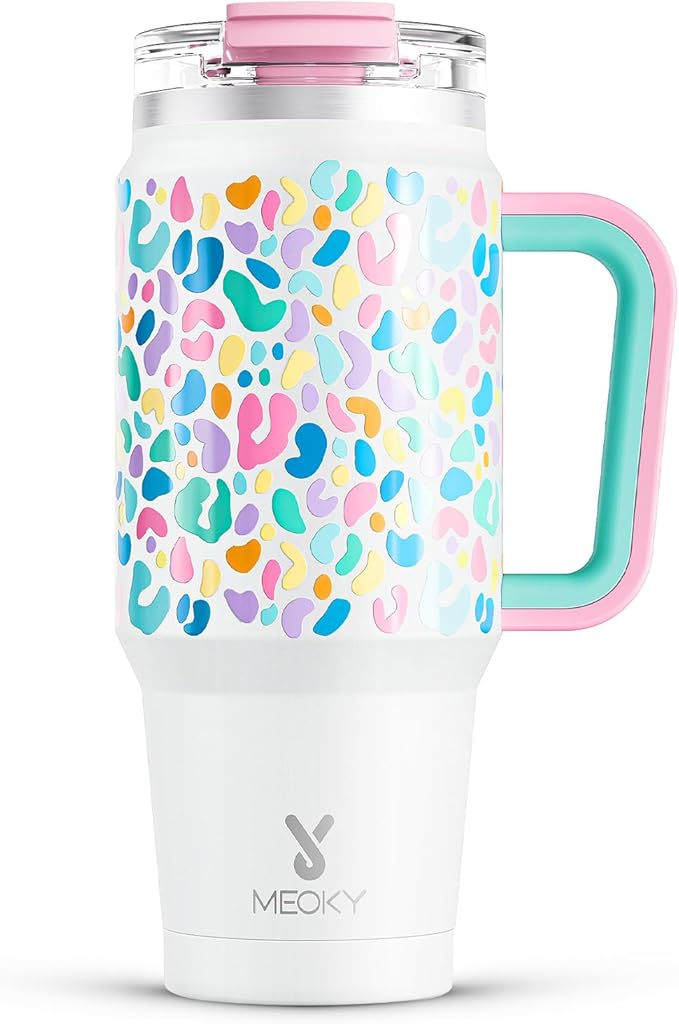 Meoky 32 oz Tumbler with Handle, Insulated Tumbler with Lid and Straw, Stainless Steel Travel Mug, Keeps Cold for 24 Hours, 100% Leak Proof, Fits in Car Cup Holder (Leopard) by MEOKY