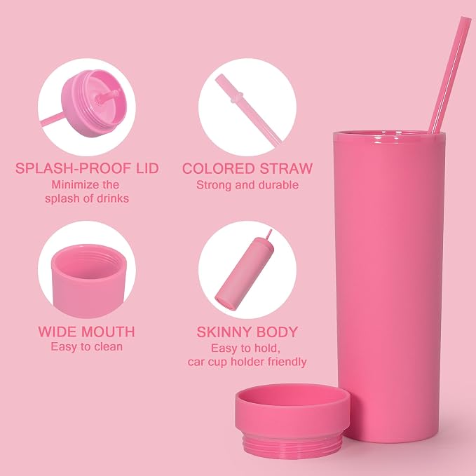 sweet grain Skinny Tumblers with Lids and Straws(6 Pack) - 16oz Matte Pastel Colored Skinny Acrylic Tumblers, Double Wall Plastic Tall Skinny Tumblers Bulk for Cold Hot Drinks - Pink - Image 4
