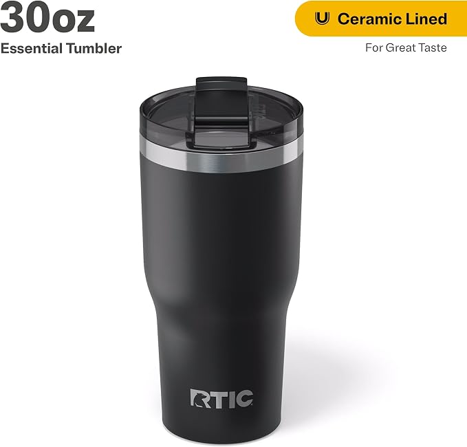 RTIC 30oz Essential Tumbler with Lid, Ceramic Lined, Insulated, Stainless Steel, Metal, Double Wall Vacuum-Insulation, Travel Cup for Iced Coffee, Tea, Hot and Cold Drink, Black - Image 2