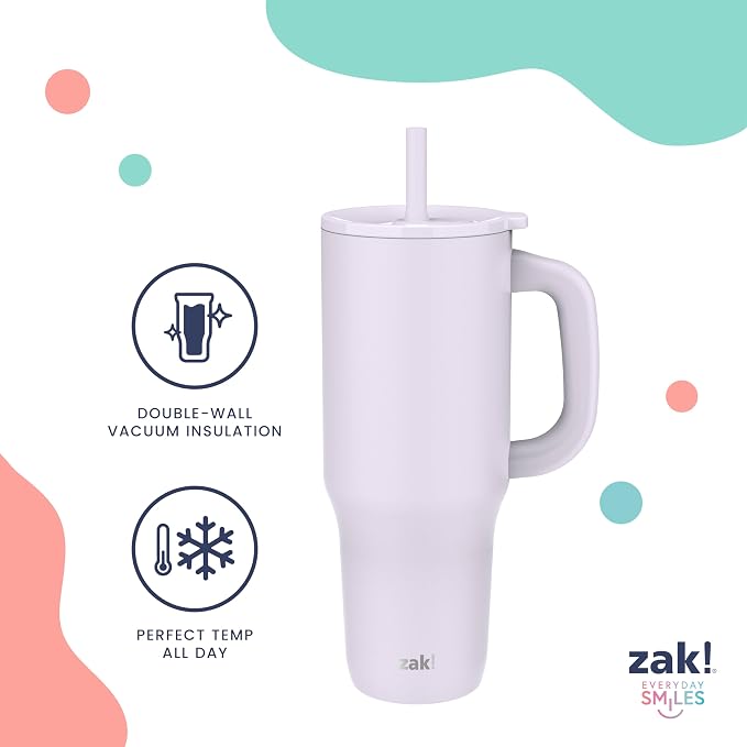 Zak Designs Sutton Travel Tumbler for On the Go, 40oz Stainless Steel with Vacuum Insulation, Silicone Straw, and Carry Handle for Cold Drinks (Smoky Lilac Purple) - Image 4