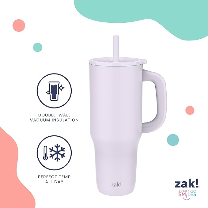 Zak Designs Sutton Travel Tumbler for On the Go, 40oz Stainless Steel with Vacuum Insulation, Silicone Straw, and Carry Handle for Cold Drinks (Turquoise) - Image 4