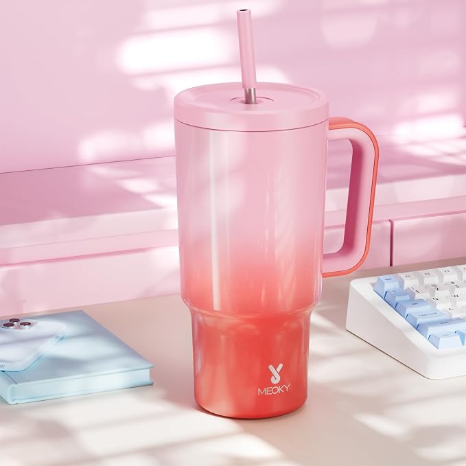 Meoky 30 oz Tumbler with Handle, Tumbler with Lid and Straw, Insulated Stainless Steel Travel Mug, 100% Leak-proof, Cupholder Friendly, Keeps Cold for 24 Hours or Hot for 8 Hours (Flamingo) - Image 8