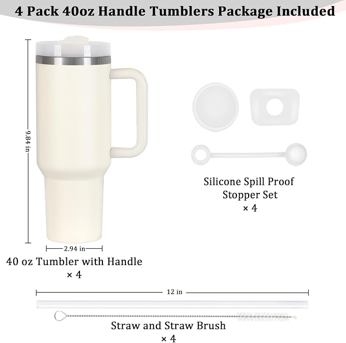 4 Pack 40 Oz Tumbler with Handle Bulk, Double Wall Vacuum Insulated Stainless Steel Tumbler with Lid and Straw, 40 oz cup with Silicone Spill Proof Stopper Set (Cream) - Image 3