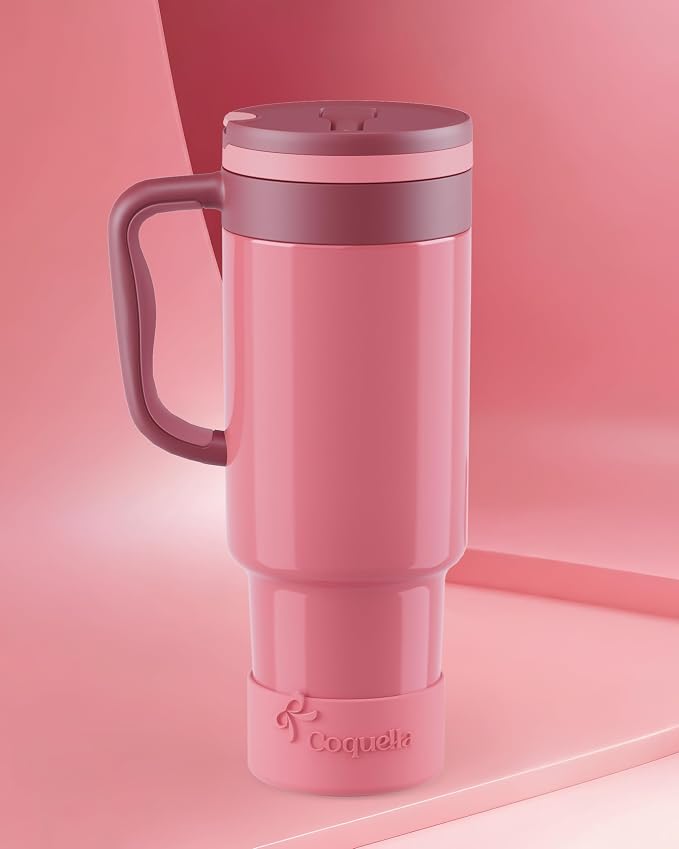 40 oz Insulated Tumbler with Handle and Push-Button Straw Lid, Stainless Steel Travel Cup for Gym Office, Leakproof, BPA-Free, Cup Holder Friendly, Bow Silicone Boot, Pink (Dusty Rose) - Image 2