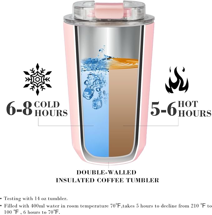 Puraville Insulated Tumblers with Lid, 14 oz Travel Coffee Mug Stainless Steel Vacuum Cup, Leak Proof Reusable Double Walled Coffee Tumbler for Iced and Hot Drinks, Pink - Image 3