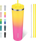 BJPKPK 34oz Stainless Steel Insulated Tumbler With lid And Straw Travel Coffee Thermal Tumblers Cup For Women And Men,Pink Yellow Rose by BJPKPK