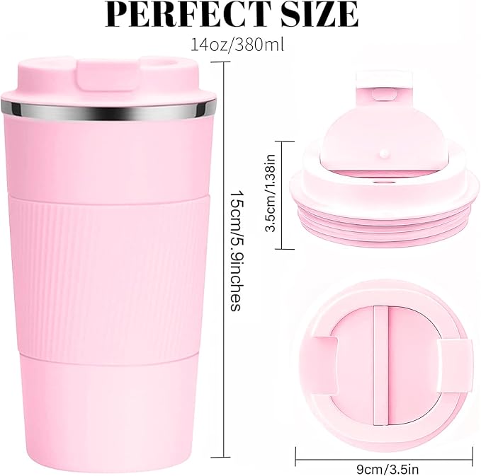 YINBAOGE Insulated Travel Coffee Mug, Spill & Leak Proof, Portable To Go Camping Stainless Steel Coffee Tumbler, Reusable Thermal Coffee Cup with Lid for Hot & Cold Drinks (Pink, 12 OZ) - Image 3