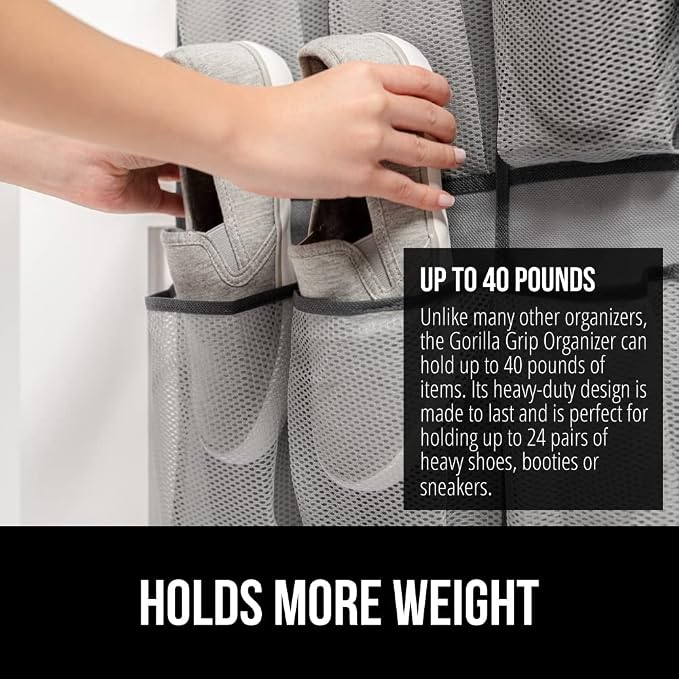 GORILLA GRIP Over the Door Shoe Organizer, 24 Large Breathable Mesh Pockets - Image 3