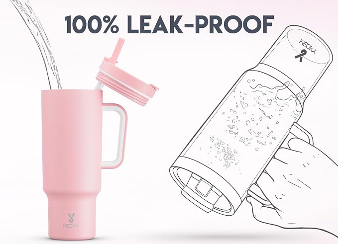 Meoky 40 oz Tumbler with Handle and Flip Straw, 100% Leakproof Tumbler with Lid and Straw, Stainless Steel Insulated Cup, Cupholder Friendly, Keeps Cold for 34 Hours (Blush) - Image 3