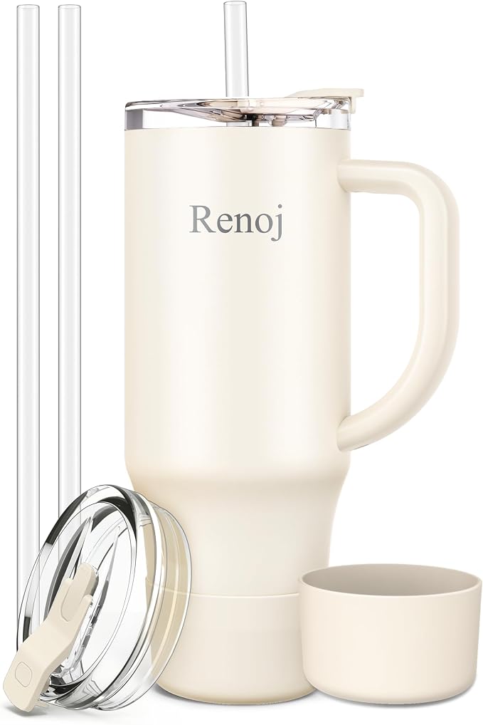 Renoj Insulated Mug 100% Leak Proof Insulated Water Bottle for Iced Coffee & Hot Drinks - Fits Car Cup Holder, Ideal Gift, 2 Straws & Silicone Boot - SnapShift White 32 oz by VisittheRenoj