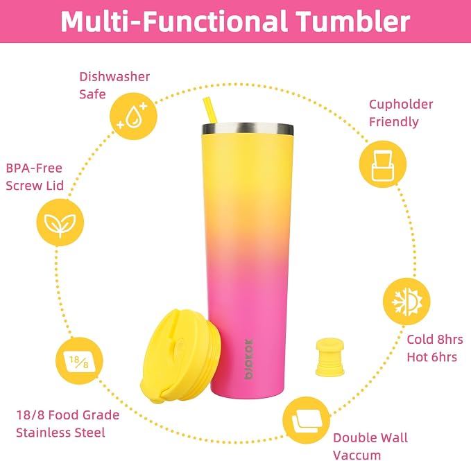 BJPKPK 34oz Stainless Steel Insulated Tumbler With lid And Straw Travel Coffee Thermal Tumblers Cup For Women And Men,Pink Yellow Rose - Image 3