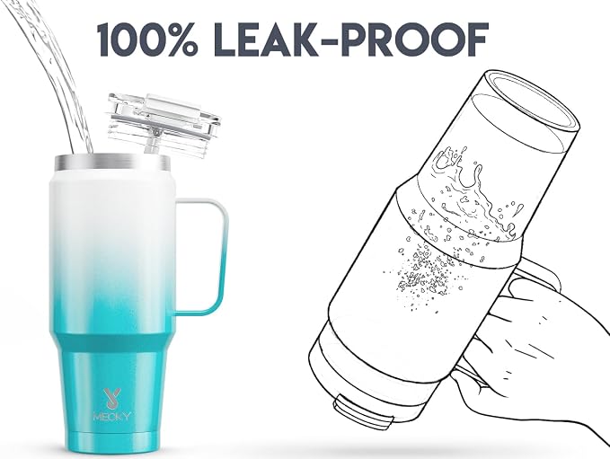 Meoky 32 oz Tumbler with Handle, Insulated Tumbler with Lid and Straw, Stainless Steel Travel Mug, 100% Leak Proof, Keeps Cold for 24 Hours or Hot for 8 Hours, Fits in Car Cup Holder (Azure) - Image 3