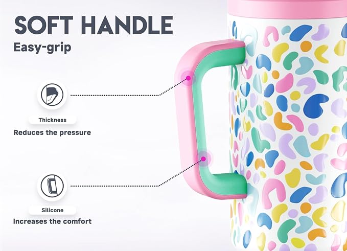 Meoky 50 oz Tumbler with Handle, Tumbler with Lid and Straw, Insulated Stainless Steel Travel Mug, 100% Leak-proof, Keeps Cold for 36 Hours or Hot for 12 Hours (Leopard) - Image 4