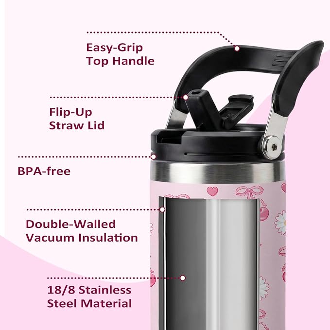 Pink Cherry Tumbler 30oz with Handle - Stainless Steel Insulated Cup, Leakproof Water Bottle with Cherry Design for Women & Girls, Perfect Birthday Christmas Gift - Image 3