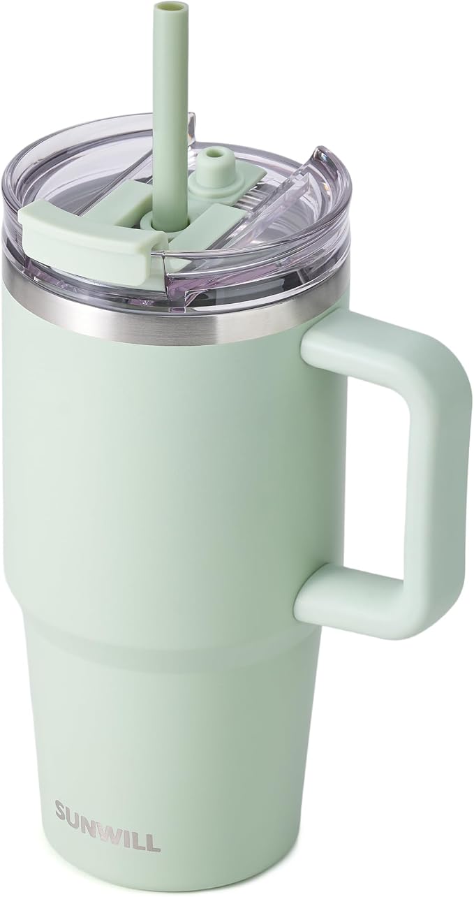 SUNWILL Travel Coffee Mug with Lid, 20 oz Tumbler with Handle and Straw Leak Proof, Stainless Steel Cup Insulated for Office & Gym, Cupholder Friendly, Powder Coated Matcha Cream by SUNWILL