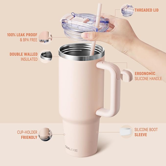 40 oz Tumbler with Handle and Straw Lid,Insulated Reusable Stainless Steel Water Bottle Travel Mug，Cupholder Friendly Double Wall Vacuum Sealed Cup (Rose Quartz) - Image 2