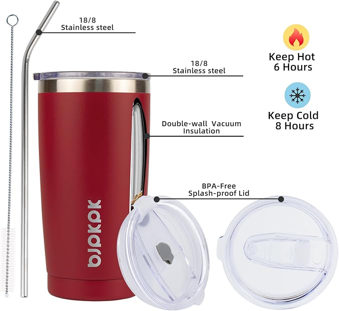 BJPKPK 20 oz Tumbler Stainless Steel Vacuum Insulated Tumblers Cup with Lid and Straw,Red - Image 2