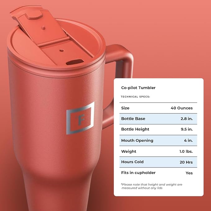 IRON °FLASK Co-Pilot Insulated Mug w/Straw & Flip Cap Lids - Cup Holder Bottle for Hot, Cold Drink - Leak-Proof- Water, Coffee Portable Travel Tumbler - Rusty Red, 40 Oz - Image 9