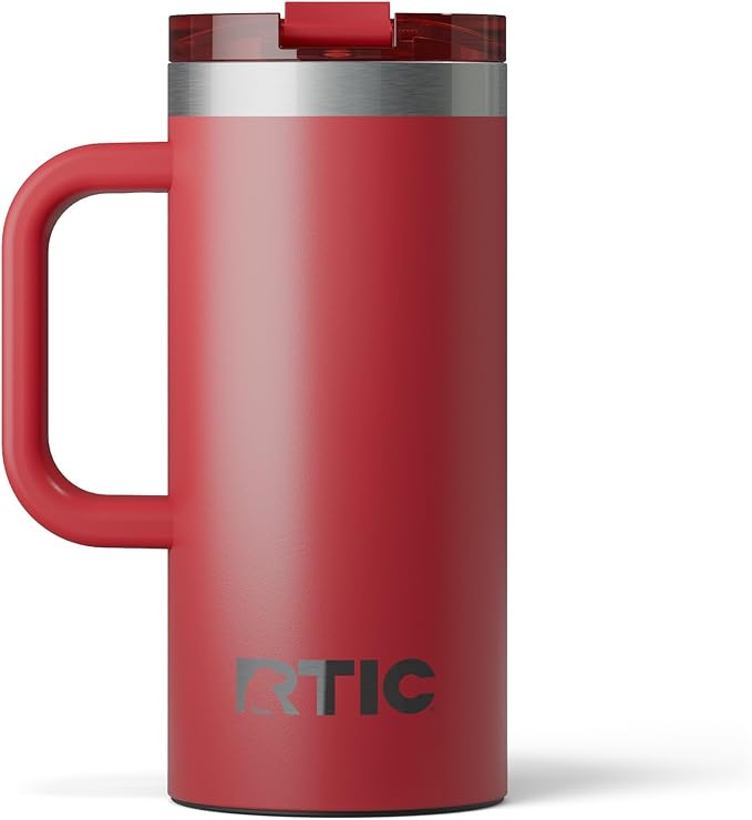 RTIC 16oz Road Trip Travel Mug with Lid and Handle, Ceramic Lined, Insulated, Stainless Steel, Metal, Double Wall Vacuum-Insulation, Portable Coffee, Tea Cup for Hot and Cold Drink, Flag Red by RTIC