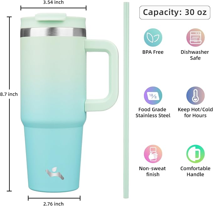 Konokyo 30 oz Tumbler with Handle and 2 Straws,2 in 1 Lid Insulated Water Bottle Stainless Steel Travel Coffee Mug,Mint - Image 4