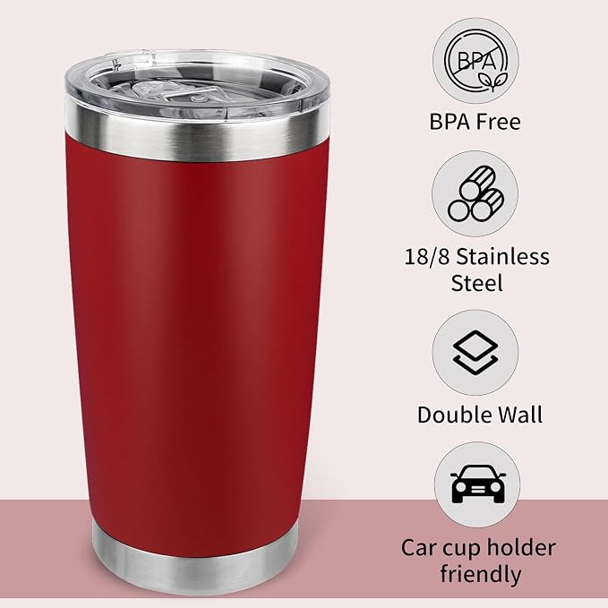 20oz Stainless Steel Tumbler Bulk with Lid, Travel Mug - Double Wall Vacuum Powder Coated Cup - Red, 6 Pack - Image 3