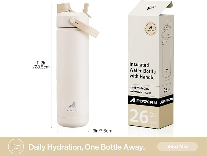 POWCAN 26 oz Insulated Water Bottle with 2-in-1 Straw and Spout Lid, Keep Cold 24H, Leak-Proof, Fits in Car Cup Holder, Stainless Steel Water Bottle for Sports, Gym, Travel, and School (Mousse) - Image 6