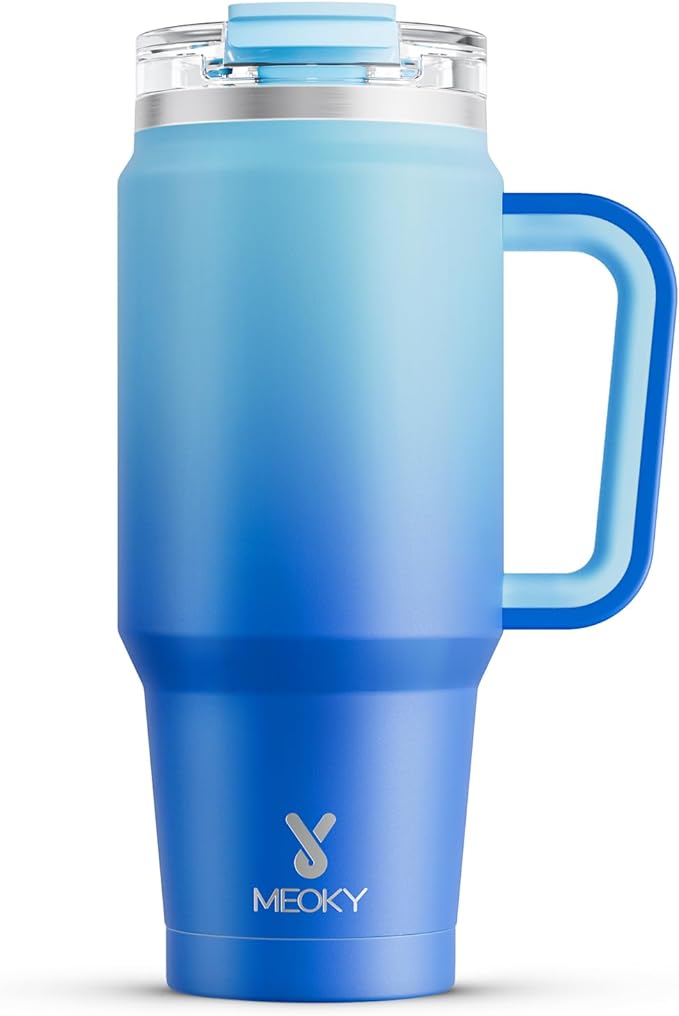 Meoky 32 oz Tumbler with Handle, Insulated Tumbler with Lid and Straw, Stainless Steel Travel Mug, Keeps Cold for 24 Hours, 100% Leak Proof, Fits in Car Cup Holder (Sky) by MEOKY