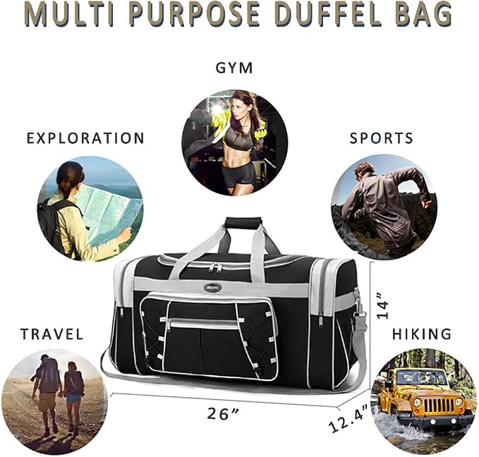 Travel Duffle Bags for Men 26" Black Weekender Over Night Carry On Bag - Image 6