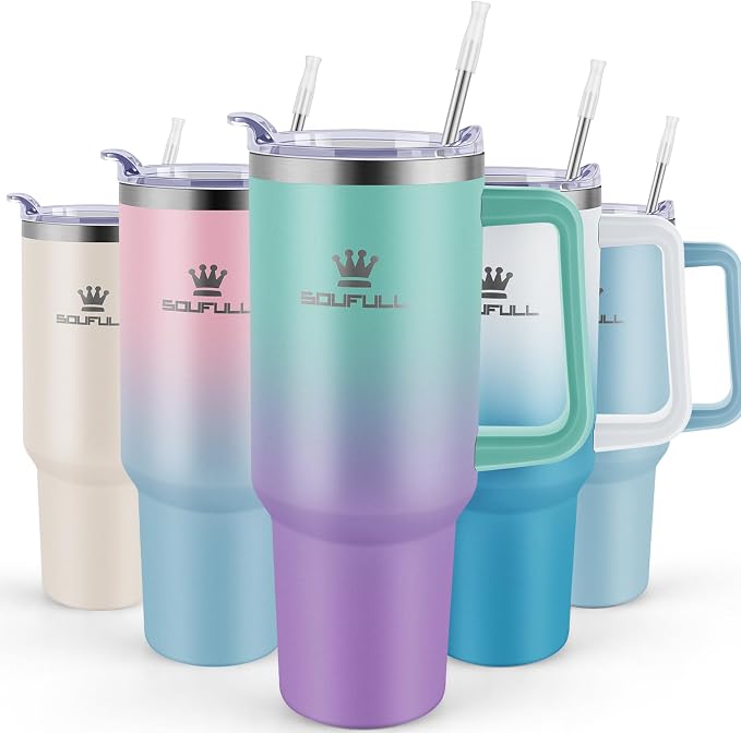 40 oz Tumbler with Handle and Straw Lid, 100% Leak-proof Travel Coffee Mug, Stainless Steel Insulated Cup for Hot Cold Beverages, Keeps Cold for 34Hrs or Hot for 10Hrs, Dishwasher Safe (GreenPurple) by SOUFULL