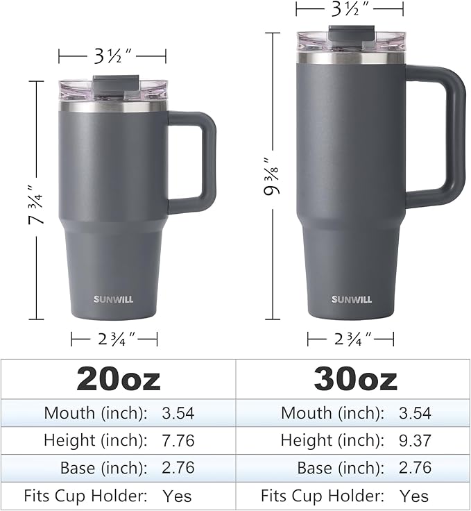 SUNWILL Travel Coffee Mug with Lid, 30 oz Tumbler with Handle and Straw Leak Proof, Stainless Steel Cup Insulated for Office & Camping, Cupholder Friendly, Powder Coated Charcoal - Image 3