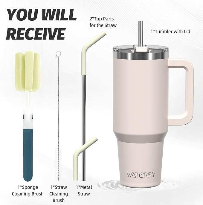 40 oz Tumbler with Handle,Tumbler with Lid and Straw,Double Wall Insulated Cup Stainless Steel Travel Mug(Cold for 34 Hours),Water Bottle for Iced Tea,Coffee,Cold Beverages(Ivory Beige) - Image 3