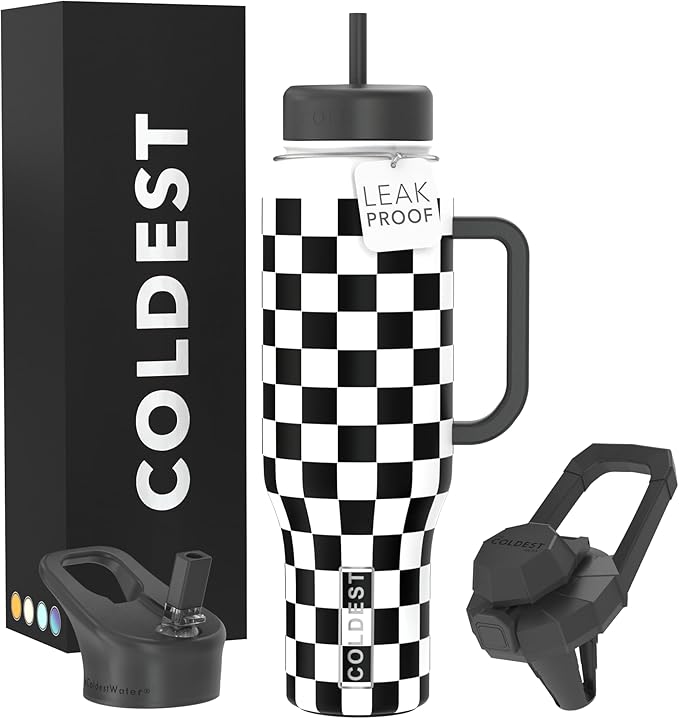 Coldest Tumbler with Handle and Straw, 100% Leak Proof Insulated Tumbler with Lid and Straw (3 Lids), Stainless Steel Tumblers for Women & Men, Cup Holder Friendly, 46 oz (Black Checkers) by Coldest